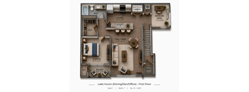 A floor plan of a first floor apartment named Lake Huron, with a living room, dining room, kitchen, bathroom, and bedroom.