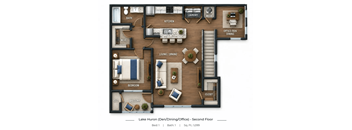 A floor plan of a second floor apartment in Lake Huron with one bedroom, one bathroom, and a living area.