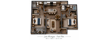 A floor plan of a property in Lake Michigan showing two bedrooms, two bathrooms, and a balcony.