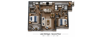 A second floor floor plan for a Lake Michigan property with two bedrooms, two bathrooms, and a balcony.