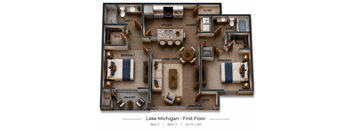 A floor plan of a first floor apartment in Lake Michigan with two bedrooms, two bathrooms, a living room, dining room, kitchen, laundry room, and a balcony.