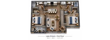 A floor plan of a first-floor apartment with two bedrooms, two bathrooms, a balcony, and a kitchen.