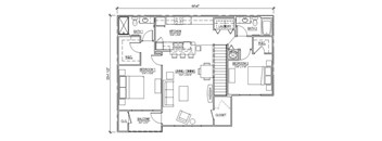 A floor plan of a house with two bedrooms, a living room, a kitchen, a laundry room, a bathroom, a balcony, and a closet.