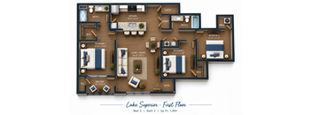 A floor plan of a first floor apartment with three bedrooms, two bathrooms, and a living area.