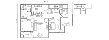 A floor plan of a house with labeled rooms and dimensions.