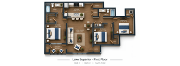 A floor plan of a residential layout with three bedrooms and two bathrooms.