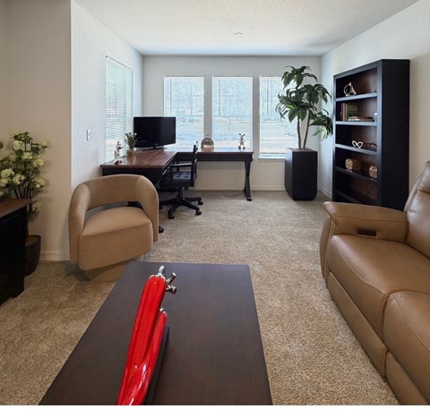 A living room with a brown couch, a coffee table, and a television.