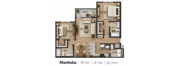 A floor plan of a 2 bedroom, 2 bathroom apartment with a balcony and a laundry room.