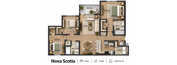 A floor plan of a 3 bedroom, 2 bathroom apartment with a living room, dining room, kitchen, and laundry area.