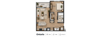 A floor plan of a one bedroom apartment in Ontario.