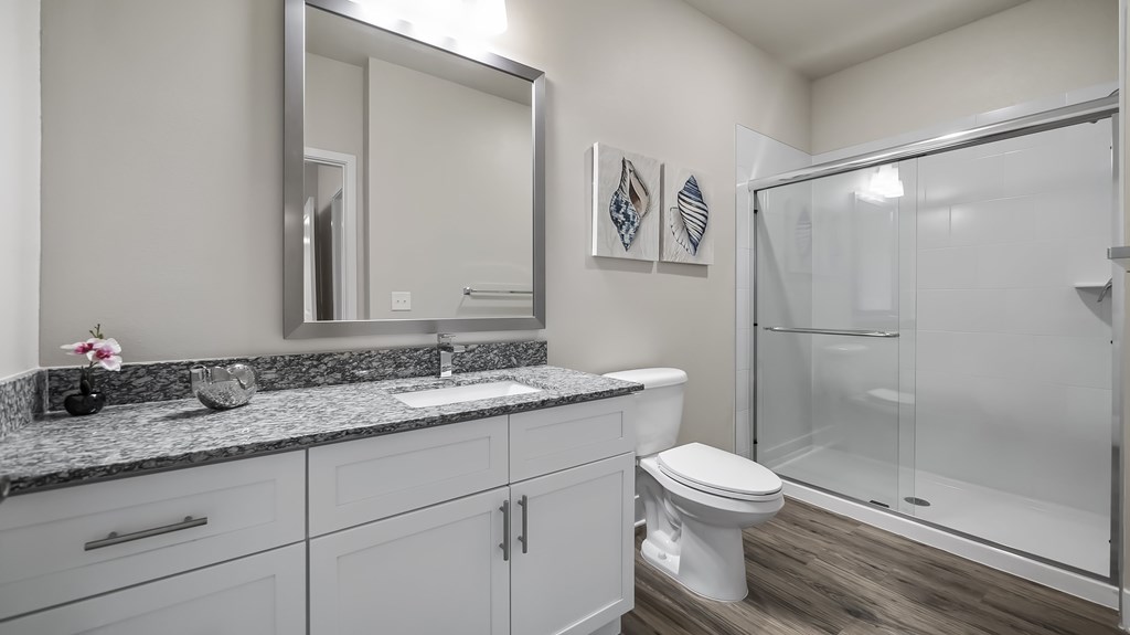 A bathroom with a toilet, sink, and mirror.