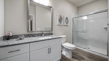 A bathroom with a toilet, sink, and mirror.