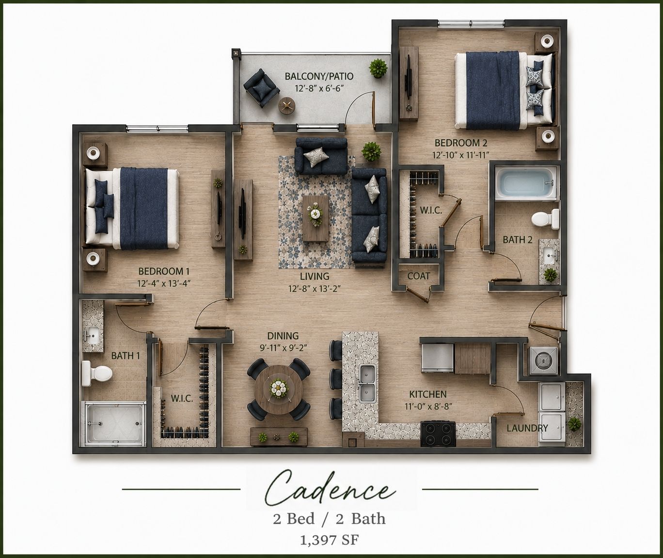 A floor plan of a Cadence apartment with two bedrooms and two bathrooms.
