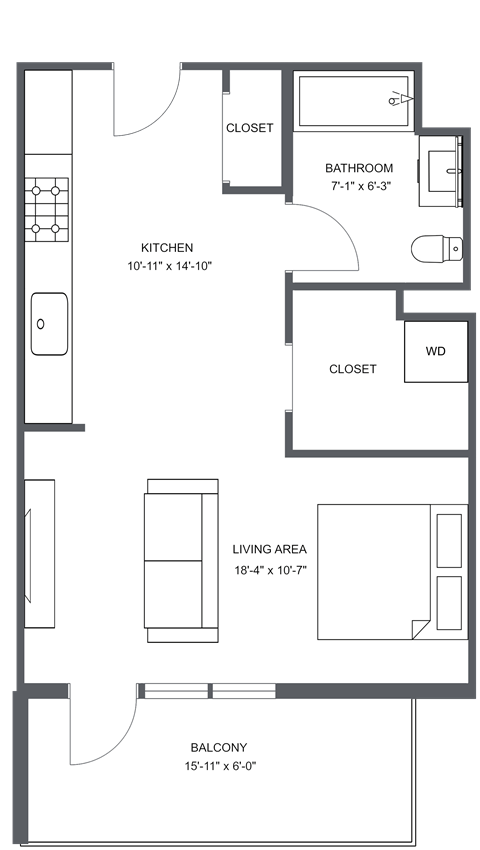 a floor plan of a 1 bedroom apartment