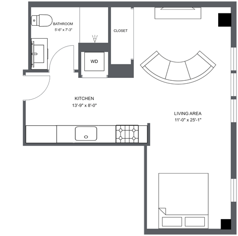 a floor plan of a small house with a kitchen and a living room