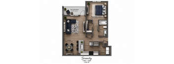 A floor plan of a one bedroom, one bath apartment.
