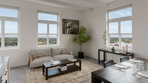 a living room with a couch and a table