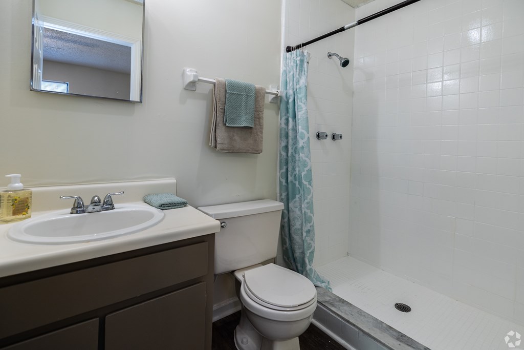 A bathroom with a white sink, toilet, and shower.