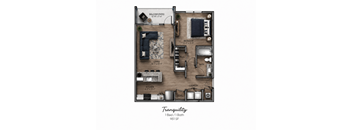 A floor plan of a one bedroom apartment with a balcony and a price of $951 per month.