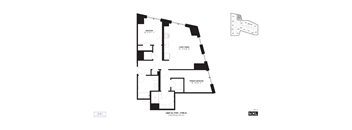 A black and white floor plan of a building with a primary bedroom, a secondary bedroom, and a bathroom.