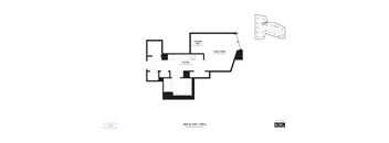 A black and white floor plan of a house with a kitchen, living room, and bathroom.