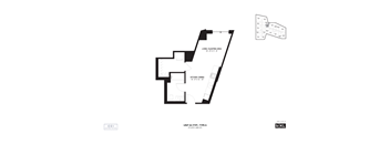 A black and white image of a floor plan for a unit with a living/dining area and a kitchen.