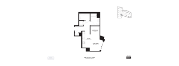 A black and white image of a floor plan for a unit with a sleeping area, kitchen, and living/dining area.