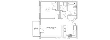 A floor plan of a house with a bedroom, a balcony, and a kitchen/living/dining area.