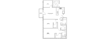 A floor plan of a house with a study, kitchen, two bedrooms, and a balcony.