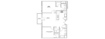 A floor plan of a home with a primary bedroom, a balcony, and a kitchen/living/dining area.