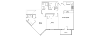 A floor plan of a house with a kitchen, living room, dining room, and two bedrooms.