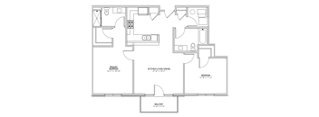 A floor plan of a house with a primary bedroom, a kitchen/living/dining area, and a balcony.