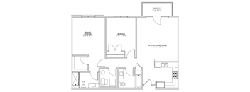 A floor plan of a house with a balcony, two bedrooms, and a kitchen/living room.