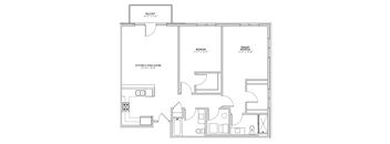 A black and white image of a floor plan for a home with a balcony, kitchen, living room, and two bedrooms.