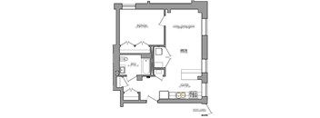 A floor plan of a small apartment with a living room, dining room, kitchen, bathroom, and entry lobby.