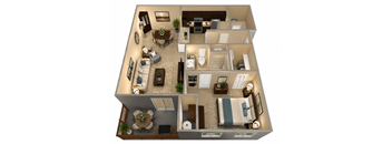 A 3D floor plan of a house with a living room, dining room, kitchen, and bedrooms.