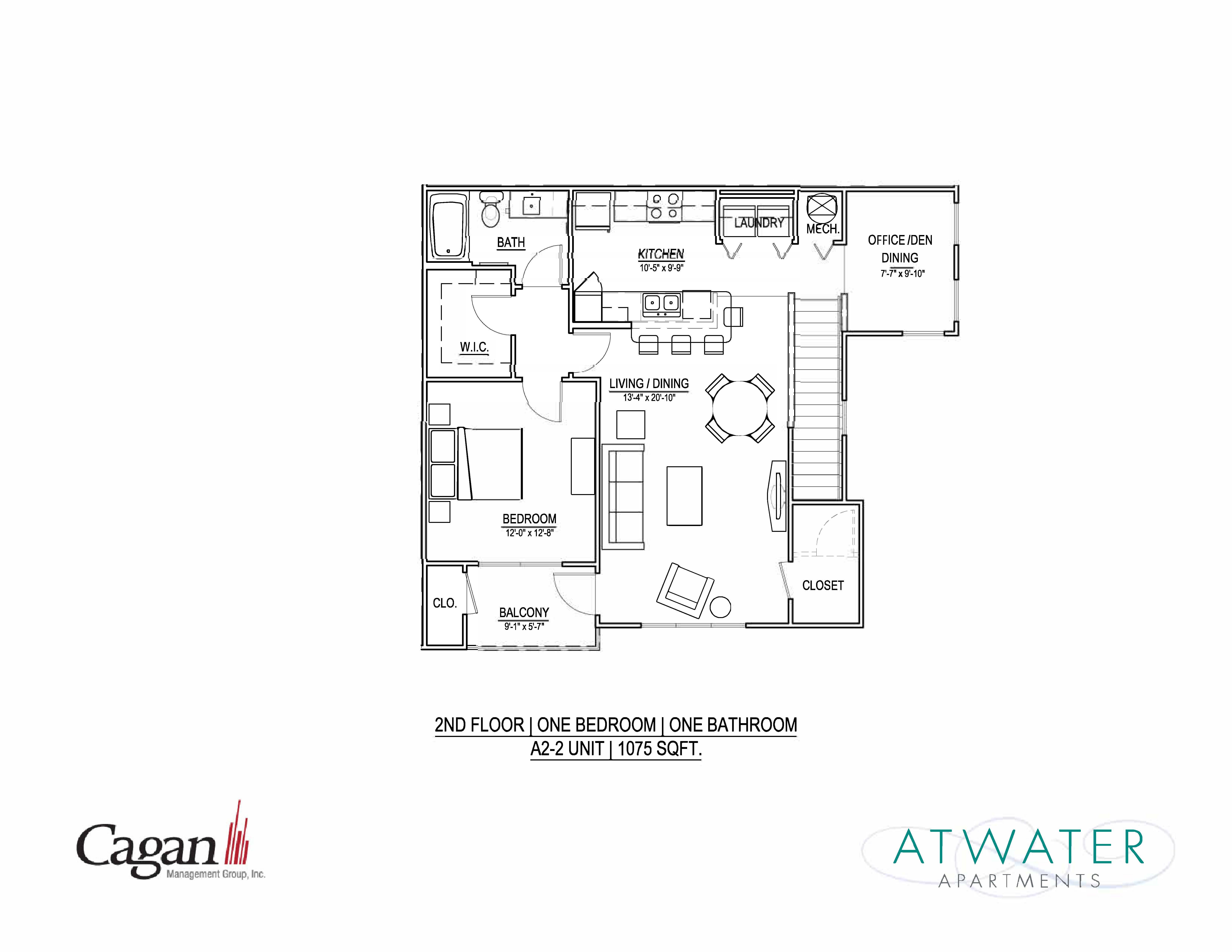 A floor plan for an apartment with a second floor, one bedroom, and one bathroom.