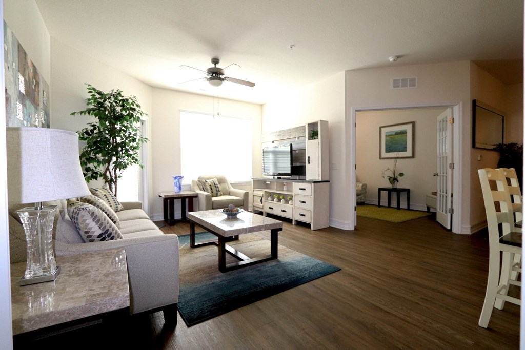 A living room with a couch, a coffee table, and a ceiling fan.