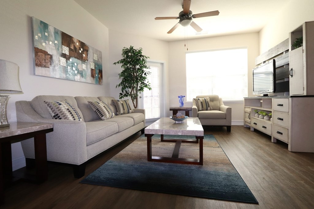 A living room with a couch, a coffee table, and a ceiling fan.