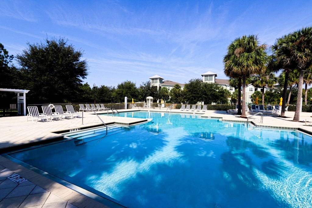 A large swimming pool with lounge chairs and palm trees in the background.