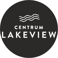 A black circular logo with the words "Centrum Lakeview" in white.