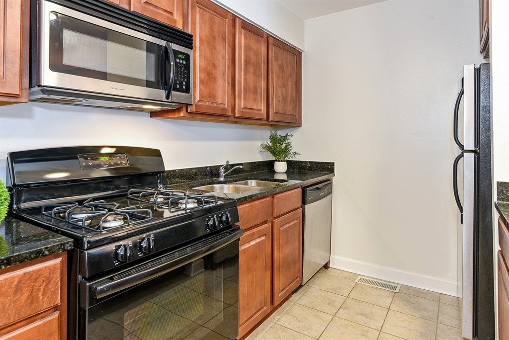a kitchen with a stove and a microwave and a sink