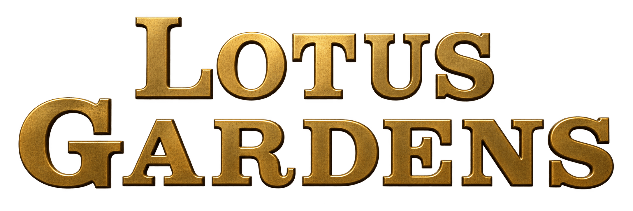 The image shows the text "Lotus Gardens" in a large, bold, and golden font.