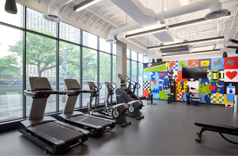 A gym with treadmills and exercise equipment.