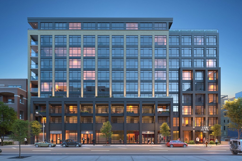 a rendering of a large building on a city street