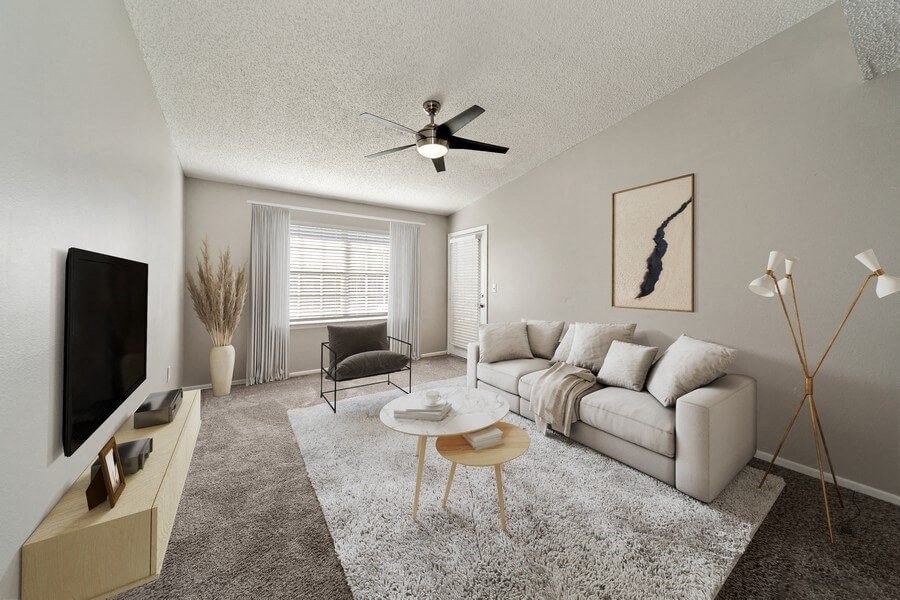 Model living room with large window