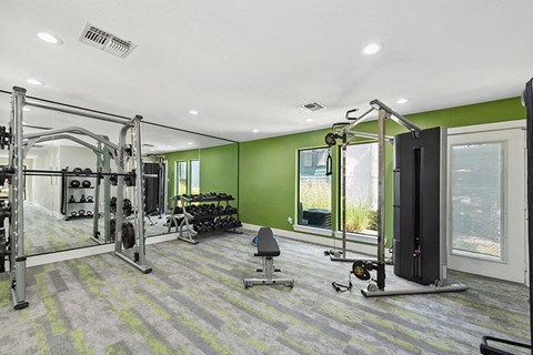 Community Fitness Center with Equipment at Bridges at Deer Run Apartments in Dallas, TX.
