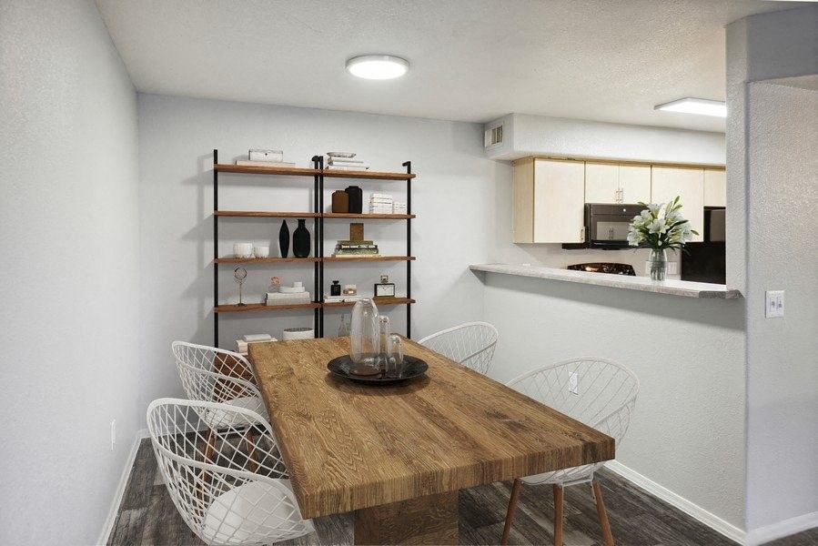 Classic model dining room with view of kitchen