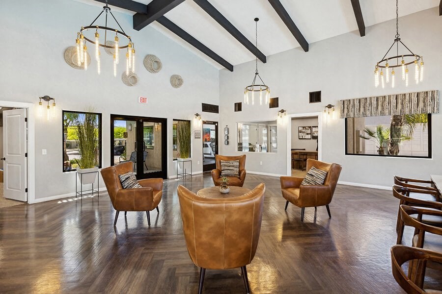 Community Clubhouse with Lounge Furniture at Ridgeline Apartments in Tucson, AZ.