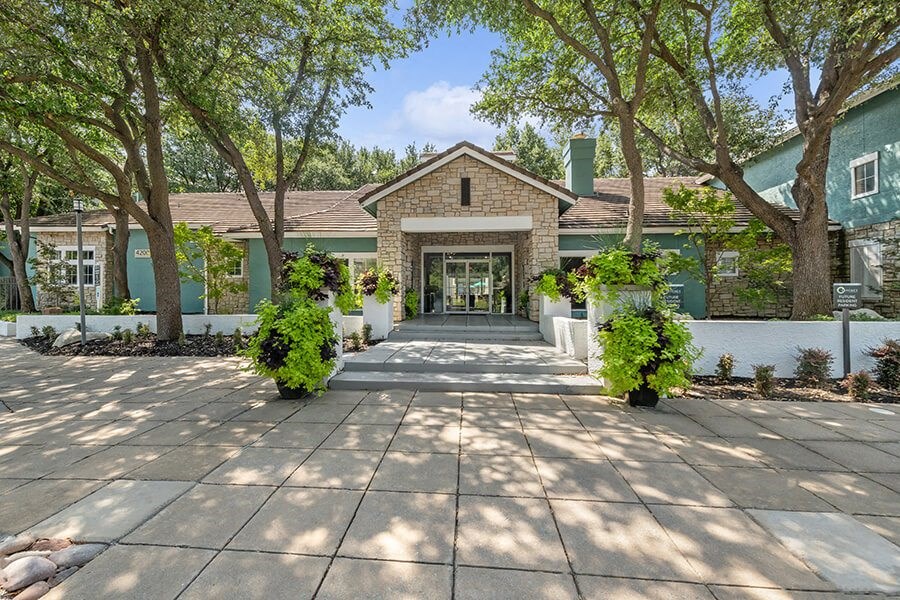 Front Entrance of Community Leasing Office at Essence Apartments in Dallas, TX.